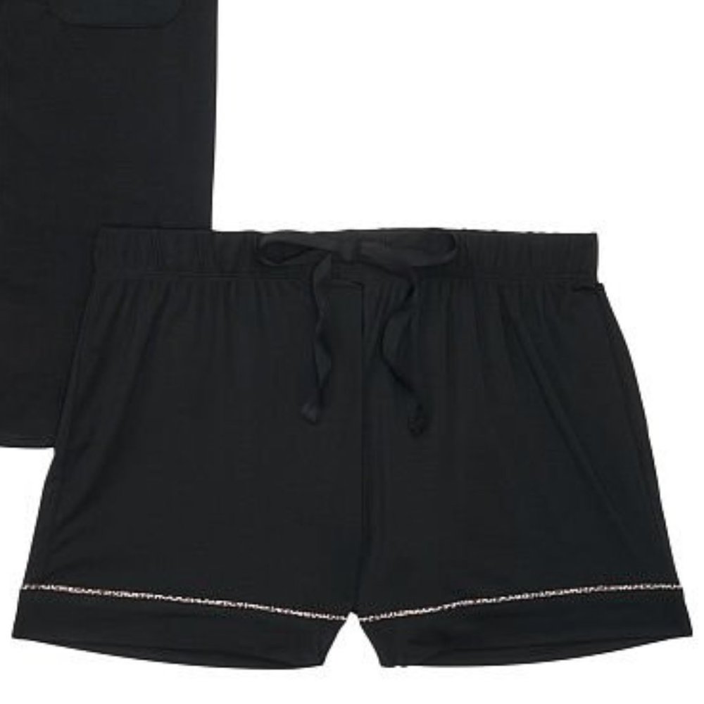L VS Short PJ Set Black with Leopard Piping Heavenly Modal Softest PJs NWT - Picture 6 of 11
